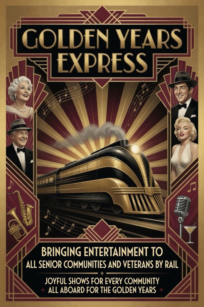 Golden Years Express poster — art deco train with Rat Pack and Marilyn Monroe, bringing entertainment to senior communities and veterans by rail